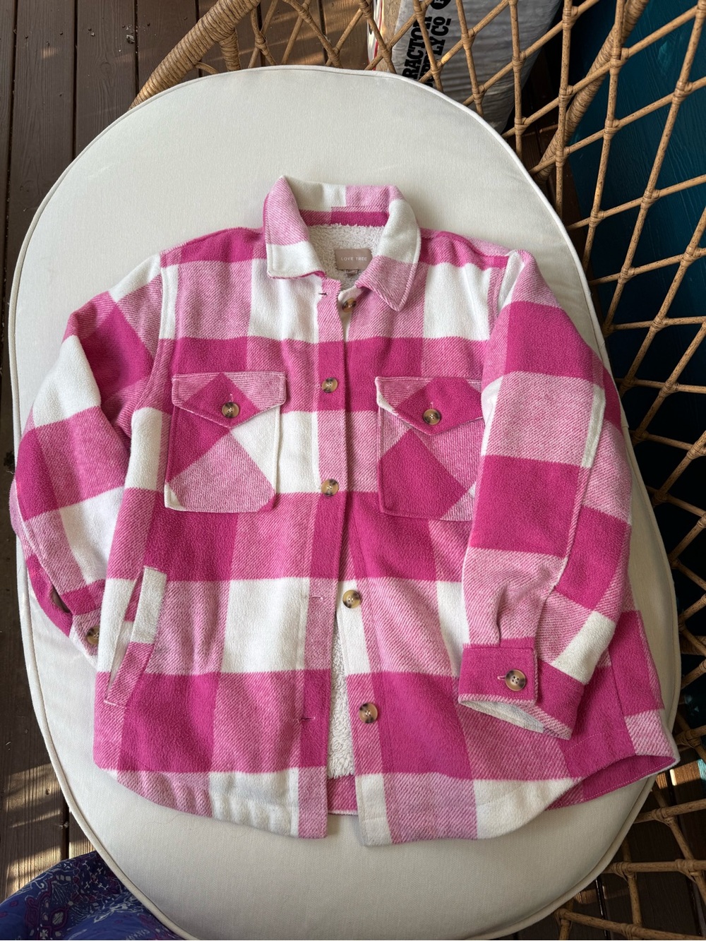 Love Tree Pink & White Buffalo Check Sherpa lined Shacket/Jacket
